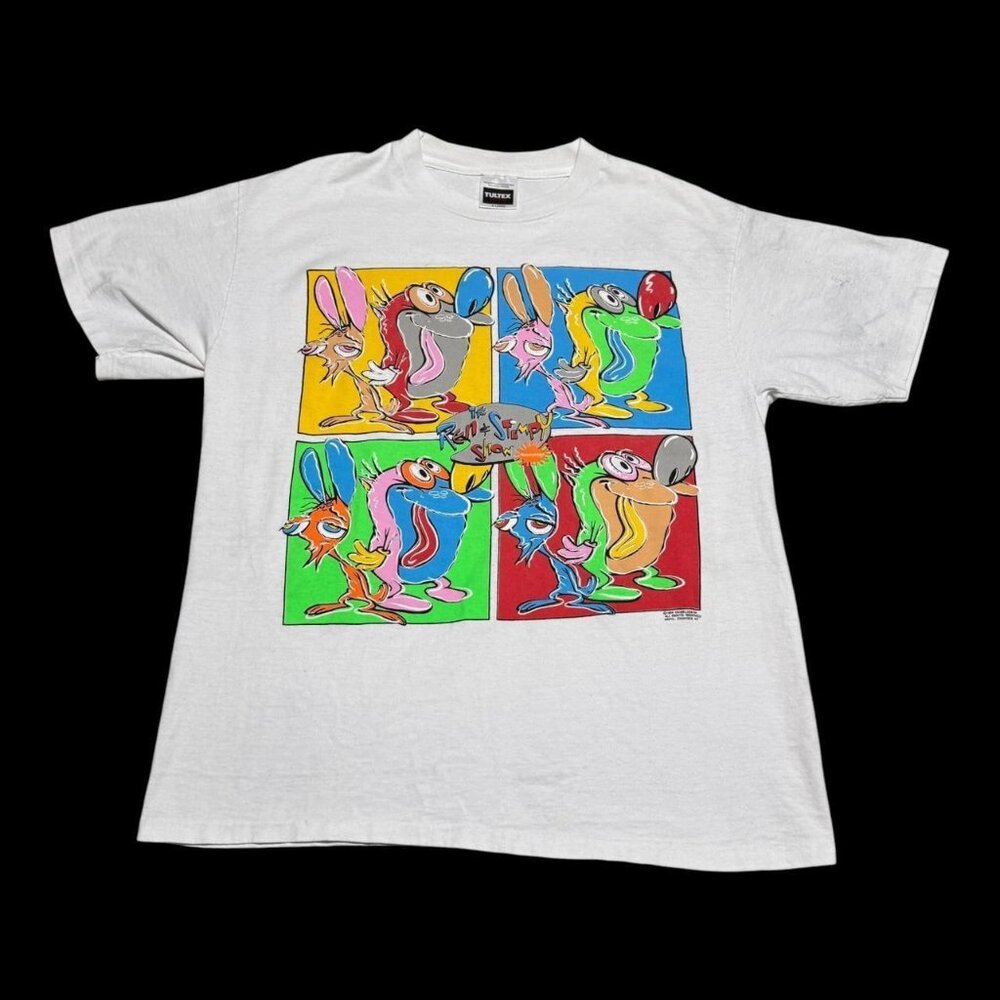 Vintage Tultex 1993 Ren & Stimpy Show Warhol Art‎ Cotton White Shirt Adult XL